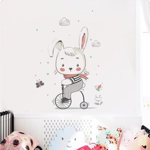 Childrens Room Lovely Rabbit Bicycle Wall Sticker Creative for Kids Living Room Background Wall Decoration Wallpaper