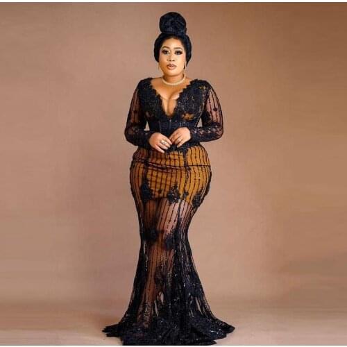 See Through Plus Size Prom Dresses With Sequin ;ace Appliques Mermaid Evening Dress Aso Ebi African Party robes de cocktail