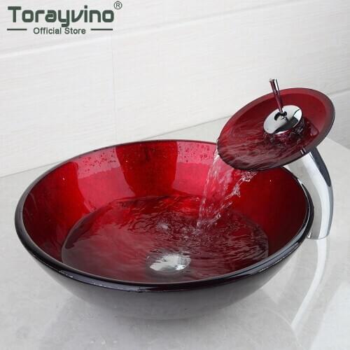 Torayvino Hand Painting Finish Basin Sink Artistic Style Vessel Vanity With Brass Waterfall Faucet Basin Mixer Tap Set 4101-1