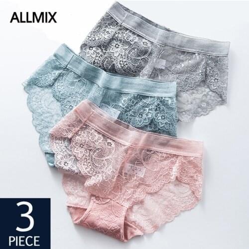 ALLMIX 3Pcs/lot Sexy Women Lace Panties Set Underwear Transparent Briefs Low Waist Female Solid Underpants Comfort Lady Lingerie