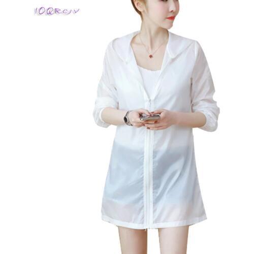 New womens windbreaker summer plus size Transparent white sexy female trench coat women loose Beach Sunscreen coat IOQRCJV T142