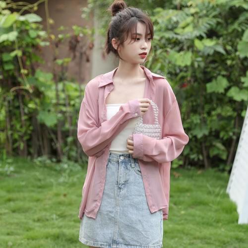 2019 Summer New Loose Shirt Women Cardigan Solid Color Loose Wild Long-sleeved Sunscreen Shirt Female