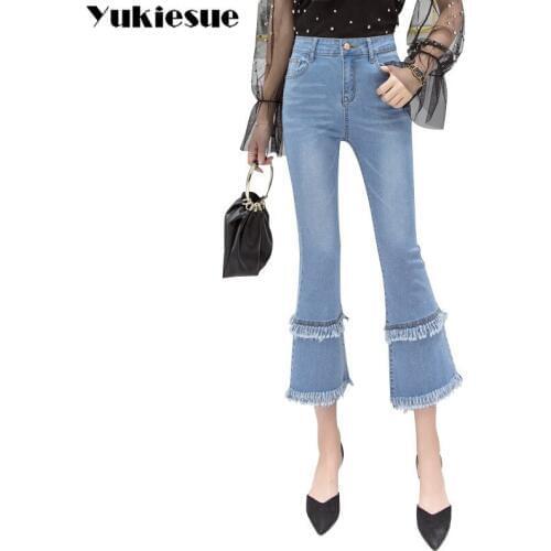 Women Jeans Femme Plus Size Slim Stretch high Waist Female Blue Vintage flare Denim Pants push up tassel Ladies Trousers