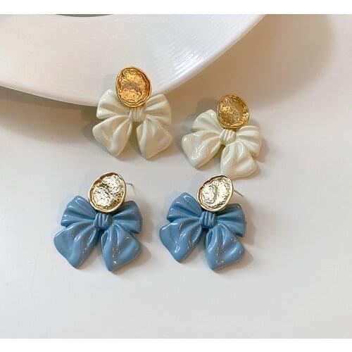 Beige Blue Disc Bowknot Drop Earrings For Women Korean Style Personality Temperament Earings Wholesale