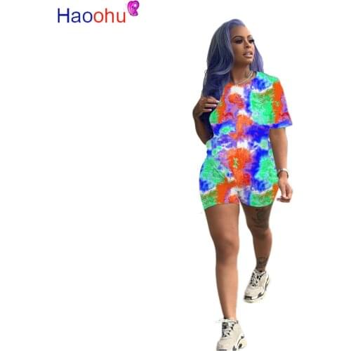 HAOOHU Plus Size Two Piece Set Women Tracksuits Tie Dye Summer Clother Crop Top Biker Shorts Sweat Suits Matching Outfits Sets