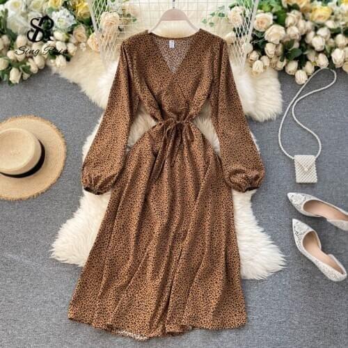 SINGRAIN 2020 Autumn Long sleeves Dress Women V Neck Leopard Floral Print Dresses Korean Vintage Bohemian Holiday Long Vestidos