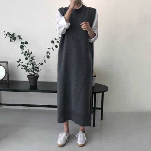 Korea Autumn Round Neck Loose Sleeveless Sweater Dress Wild Split Long Vest Knitted Casual Simple Pullover Shirt Tunic Top y713