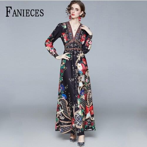 Runway Designer Spring Autumn Boho Maxi A-Line Dress Womens V-Neck Long Sleeve Flower Print Party Maxi Dresses kobieta sukienka