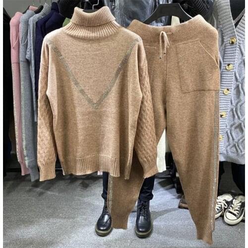 Winter Thicken Warm Two Piece Set Turtleneck Sweater Knitting Elastic Waist Pants Tracksuit Women Outfits Bling Beading Suits
