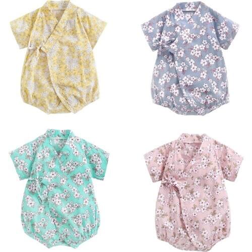 0-3Years Newborn Sleepwear Baby Girl Boys Rompers Jumpsuit Short sleeve Floral Print Bathrobe Cotton Summer Baby Tied Kimono
