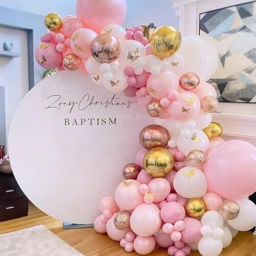 142pcs Pastel Pink Air Balloons Garland Arch Kit Baby Shower Butterfly Decorations Girl Baptism 1st Happy Birthday Party Suplies