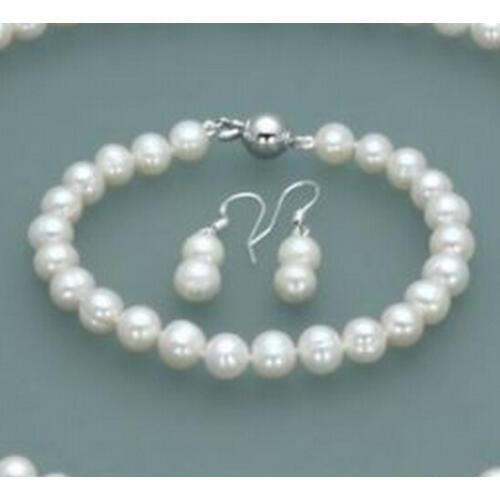 9mm White Pearl Wedding women Jewelry Set Bracelet Dangle Hook Earring Natural Freshwater Pearl