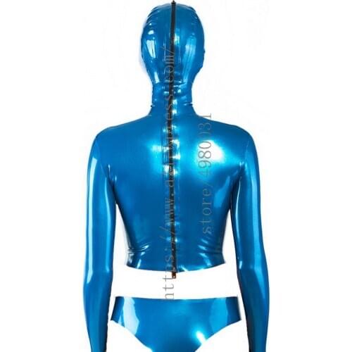 Bling metallic blue Zentai latex catsuit tops & latex hoods Fetish & briefts made of 0.4mm thickness natural latex materials
