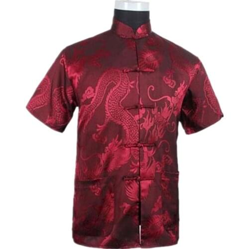 Burgundy Chinese Men Summer Leisure Shirt High Quality Silk Rayon Kung Fu Tai Chi Shirts Plus Size