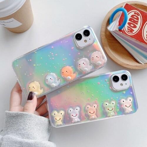 Cute Cartoon Laser 3D Dinosaur Phone Case For iphone 11 Pro Max X XR XS MAX 7 8 Plus SE 2020 Soft Silicone TPU Epoxy Case Cover
