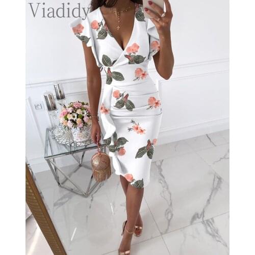 Elegant Workwear V-Neck Ruffle Hem Ruched Midi Long Bodycon Dress
