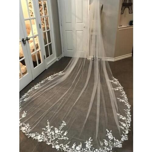 3M Long Veil Lace Appliqued Cathedral Length Appliqued White Ivory Wedding Veil Bride Veils Bridal Hair With Free Comb New Arriv