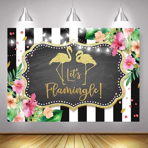 Golden Flamingo Themed Birthday Party Backdrop Decoration Hawaii Tropical Flowers Background for Photo Studio Stripes Green Leaf