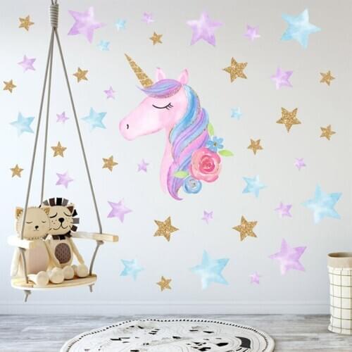 HOT Fantasy Unicorn Stars Rainbow Wall Sticker Girls Bedroom Wall Decal Art Decal DIY Nursery Home Decor