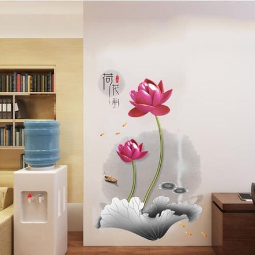 Chinese Charm of Lotus Flowers Wall Sticker Warm Bedroom Wallpaper Room Decoration Stickers Self-adhesive Posters Wall Art Mural