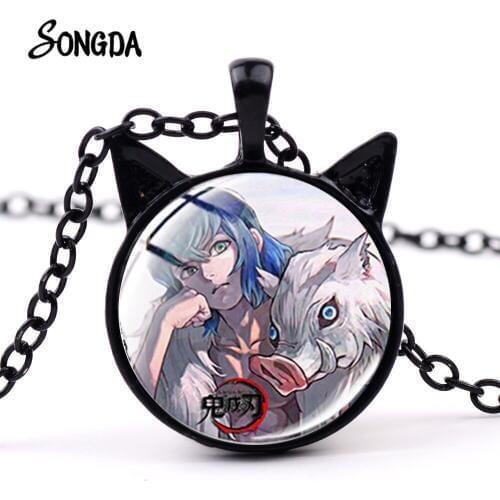 Ghost Blade Pendant Necklaces Anime Accessories Demon Slayer Kimetsu no Yaiba Cat Ear Necklace Glass Cabochon For Friends