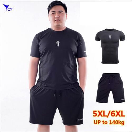 2 Pcs 5XL/6XL Mens Compression Sport Suits Short Sleeve Sportswear Running Set Gym Fitness Dry Fit Jogging Clothing Plus Size