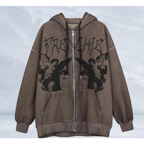 Hoodie Jacket Women Vintage Dark Printed Zipper Coat Winter Fleece Drawstring Pockets Outwear Hip Hop Streetwear Harajuku