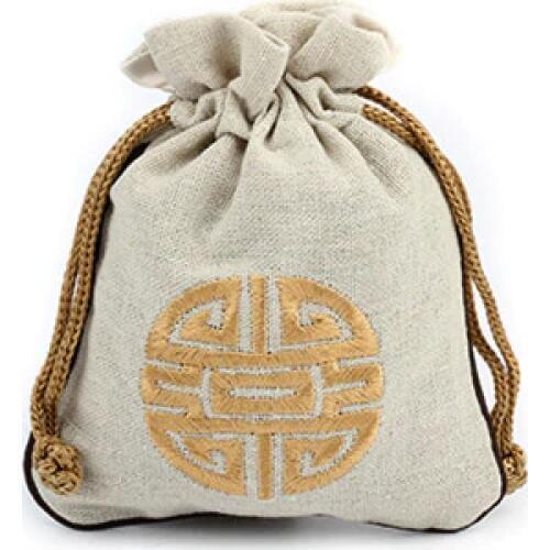 Small Linen Cotton Drawstring Pouches Gift Bags for Jewelry Pouch Chinese Ethnic Embroidery Wedding Party Bride Favor Bags 4pcs