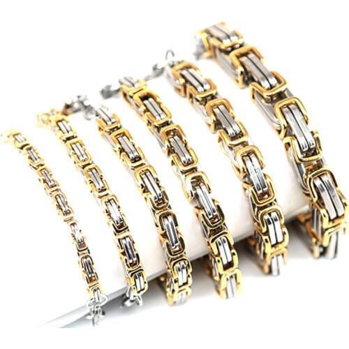 4mm 5mm 6mm 7mm 8mm 10mm Men Chain Silver and Gold Tone 316 Stainless Steel 22cm Byzantine Box Link Necklace Bracelet