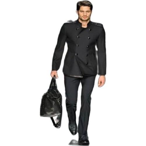 VEIAI Fashion Stand Collar Double-Breasted Mens Suit Black Classic Groomsmen Wedding Party Business Slim Fit Dress 2 Pieces