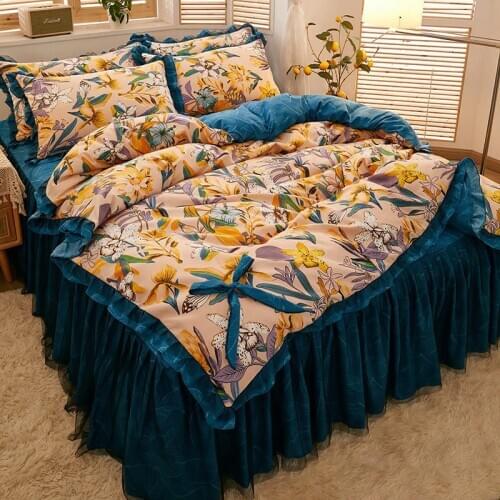 4Pcs Duvet Cover Set Soft Cotton Full Queen Multi-Colored Leaves Floral Bedding Set Duvet Cover Ruffle Bedskirt 2 pillowcases