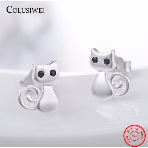 New Lovely Cute Cats Stud Earrings Natural Obsidian Silver 100% 925 Sterling Silver Earrings For Women Wedding Jewelry Brincos