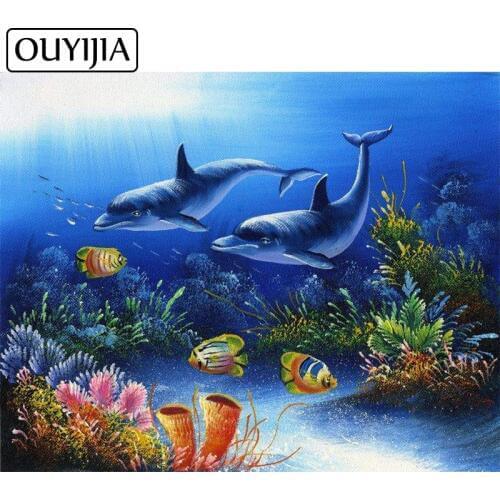 OUYIJIA 5D DIY Dolphin Rhinestone Embroidery Diamond Painting Full Square Cross Stitch Animal Diamond Mosaic Home Decoration