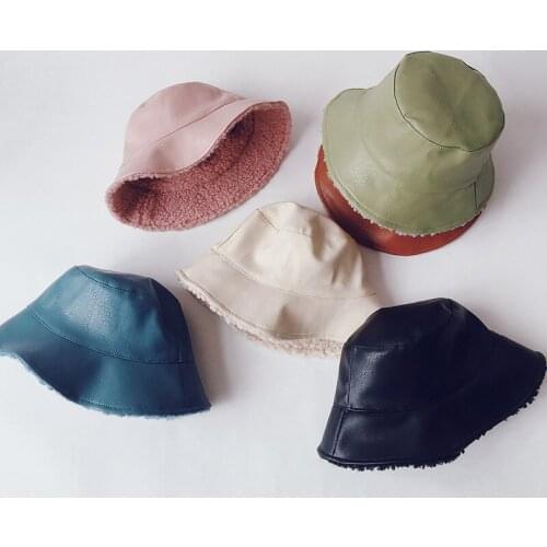 2021 Children Winter PU Two-Sided Bucket Cap Boys and Girls Fashionable Warm Fisherman Basin Hat 50-52cm 2-6years