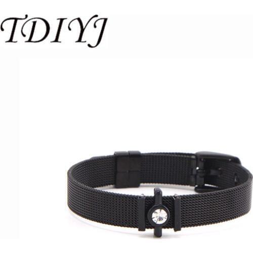 TDIYJ Newest DIY Black Crystal Slide Charms Keeper Wrap 10mm Mesh Bracelet Set as Women Jewellery