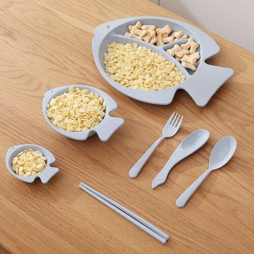Wheat Fish Shape Baby Tableware 7pcs Set Dishes Plate Bowl Spoon Fork Cup Solid Food Self Feeding for Kid Children Creative Gift