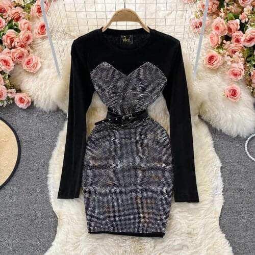 Sexy Shinny Rhinestone Decoration Bodycon Mini Dress Women Fashion O-neck Long Sleeve Slim Belted Club Party Dress Autumn 2021