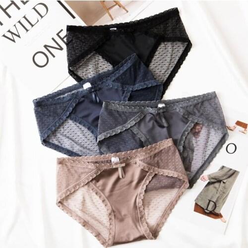 2pc Sexy French lace underwear womens transparent mesh lightweight breathable cotton crotch middle waist womens briefs