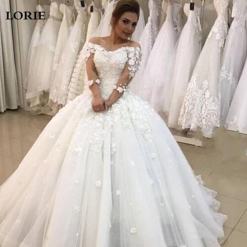 LORIE Princess Wedding Dresses Ball Gowns 3/4 Long Sleeve 3D Flowers Wedding Bride Gowns Elegant vestidos de novia