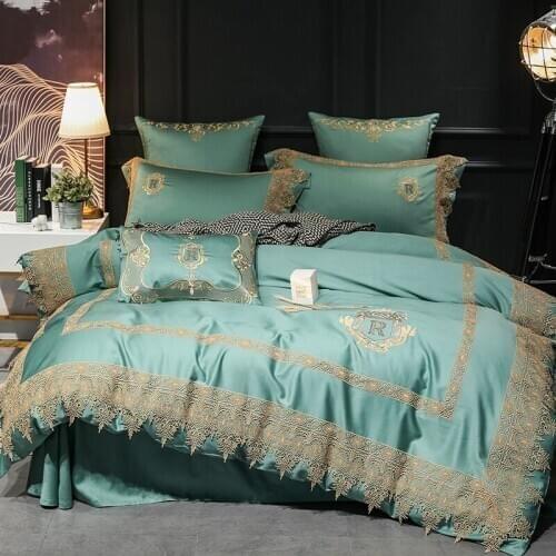 Light Green 100S Egyptian Cotton Luxury Embroidery Royal Bedding Set King Queen Lace Wedding Bed Sheet Cover set Duvet Cover 4pc