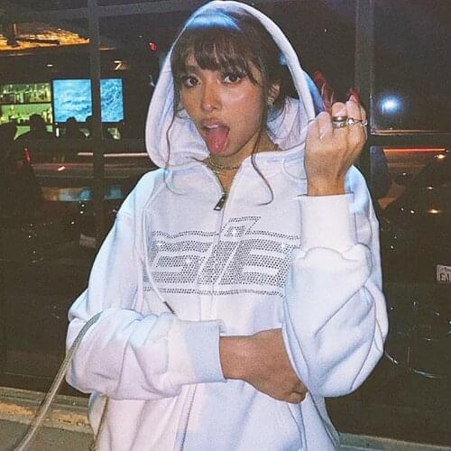 Rhinestone Y2K Fashion Zipper Oversized Hoodies E-girls Vintage Solid Letter Long Sleeve Black Sweatshirts Autumn Outfits