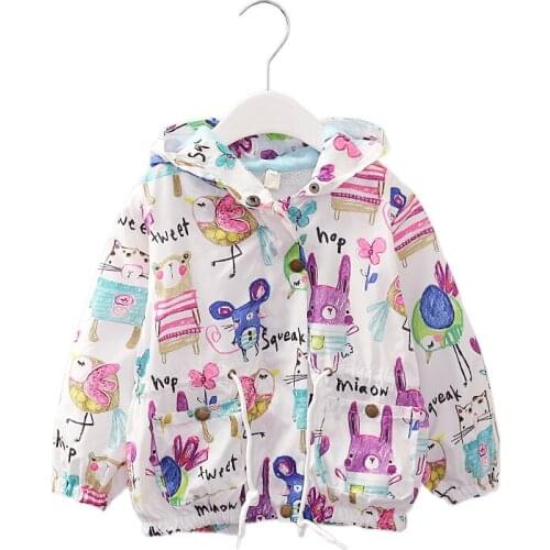 Spring Girls Jacket Cartoon Doodle Casual Boys Outerwear Long Sleeve Baby Coat Summer Hooded Zipper Sun Protection Clothing 2-6Y