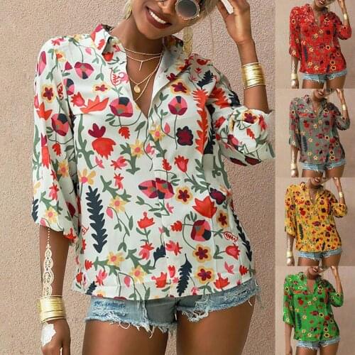 Womens Bohemian Floral Printed V-neck Top Elegant Casual Long Sleeve Button Down Autumn Blouses Shirts Plus Size XXL