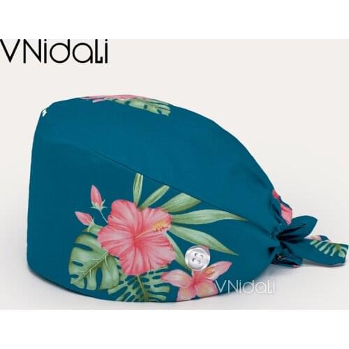 Women flowers Printed Cotton Breathable Scrub cap With sweat towel Nurse Hat Lab Pet Shop Button nursing hat gorro enfermera