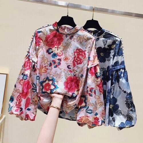 Womens Autumn Clothing 2021 New Fat Sister Loose Belly-covering Temperament Printed Chiffon Shirt Top UK366