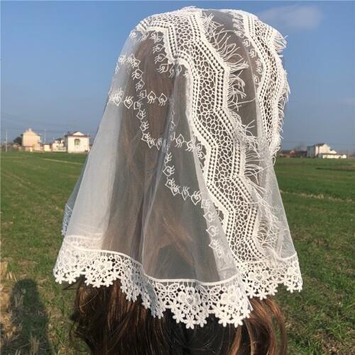 Womens Lace Catholic Veil Mantilla for Church Head Covering Flowers Chapel Scarf Tassel Mass Voile Shawl Kerchief Dentelle