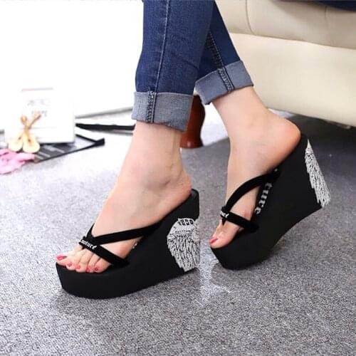 The New Angel Wing Pattern Increased 11cm Herringbone Slopes Slippers Womens Summer Elegant Beautiful Holiday High Sandals