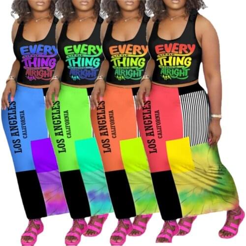 Women Set Letter Print Sleeveless Tank Crop Top Skirts Two 2 Piece Sets Fashion Streetwear Summer Outfits