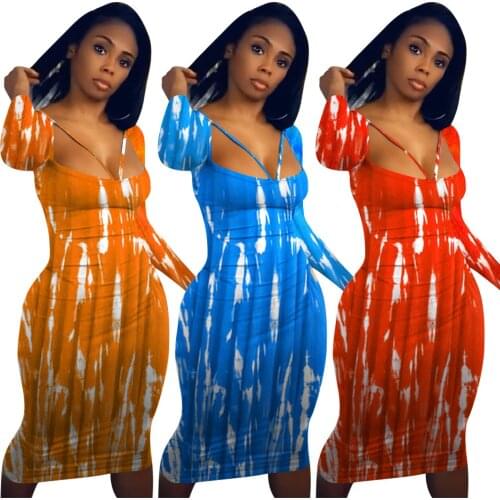 Elegant Tie Dye Print Square Collar Cross Strap Dress for Women Casual Long Sleeve Backless Night Club Party Bodycon Dress Robe