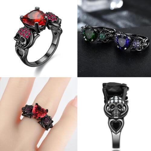 Heart-shape Zircon Crystal Black Gold Color Ring Women Wedding Skull Punk Jewelry Dropshipping